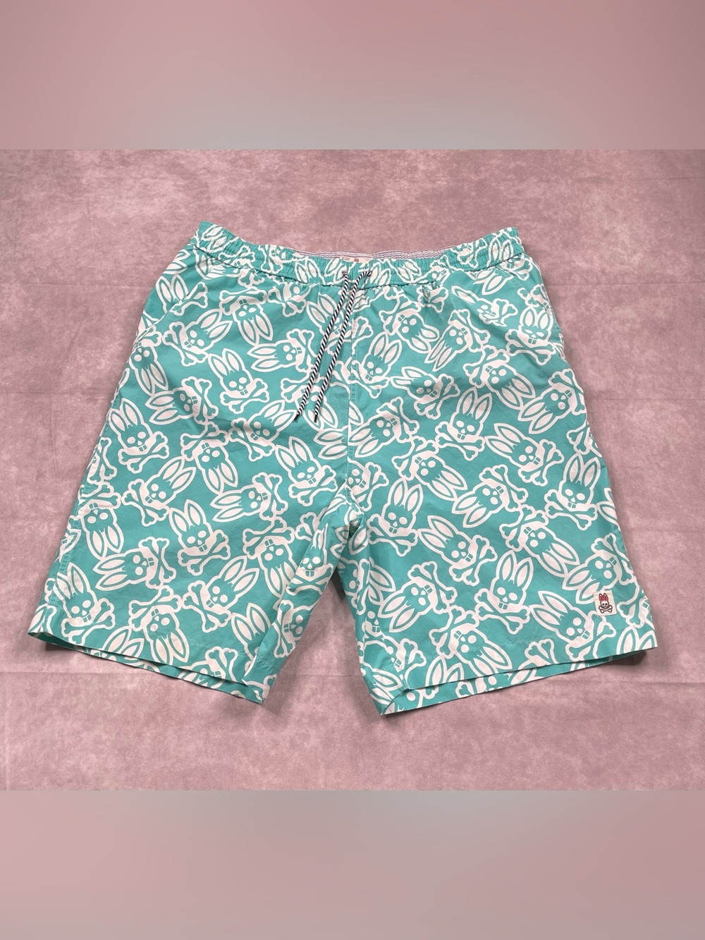 Psycho Bunny Swim Trunks Shorts Mens 1XLT Teal Logo All Over Print Mesh Lining